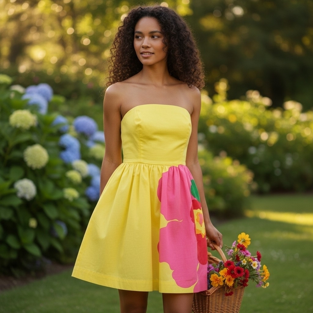 Lilly Pulitzer Lottie Strapless Floral Fit Flare Dress Starfruit Yellow 00 XXS - Picture 1 of 15